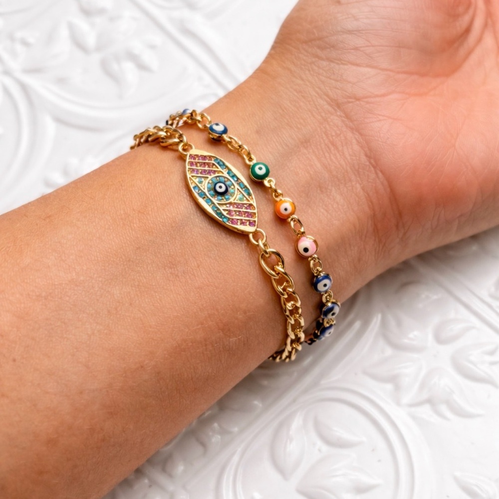 Aura Evil Eye Bracelet Set Gold Tone Layered Beaded Charm Adjustable NWT